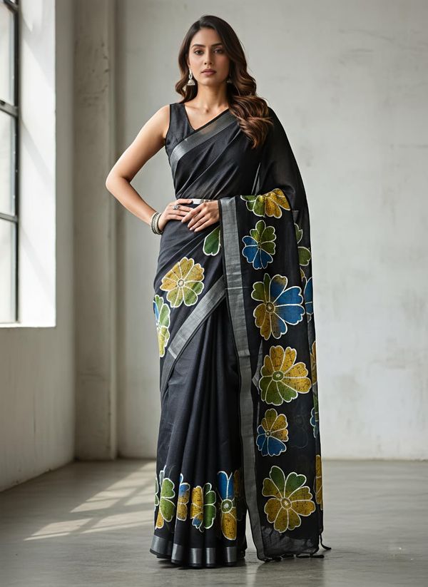 Premium Floral Print Heavy Linen Saree with Silver Border and Matching Blouse