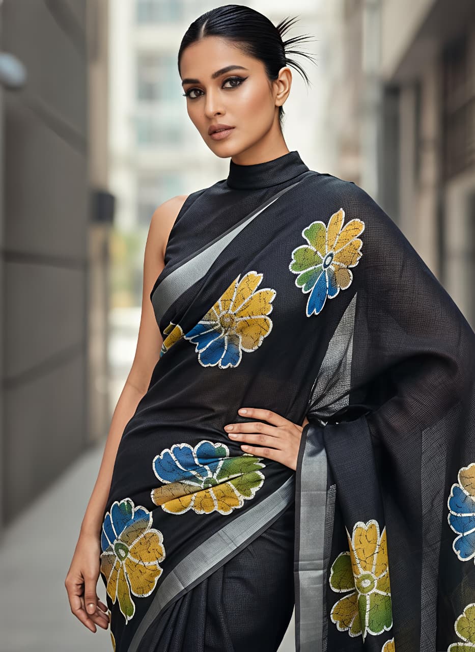 Premium Floral Print Heavy Linen Saree with Silver Border and Matching Blouse