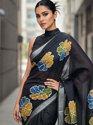 Premium Floral Print Heavy Linen Saree with Silver Border and Matching Blouse