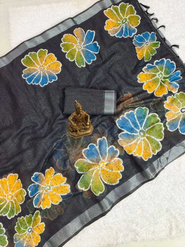Premium Floral Print Heavy Linen Saree with Silver Border and Matching Blouse