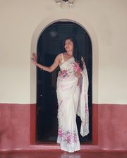 Sundari Floral Print Marshmallow Saree with Lace Border - White
