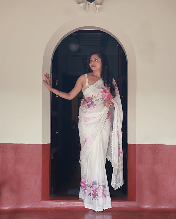 Sundari Floral Print Marshmallow Saree with Lace Border