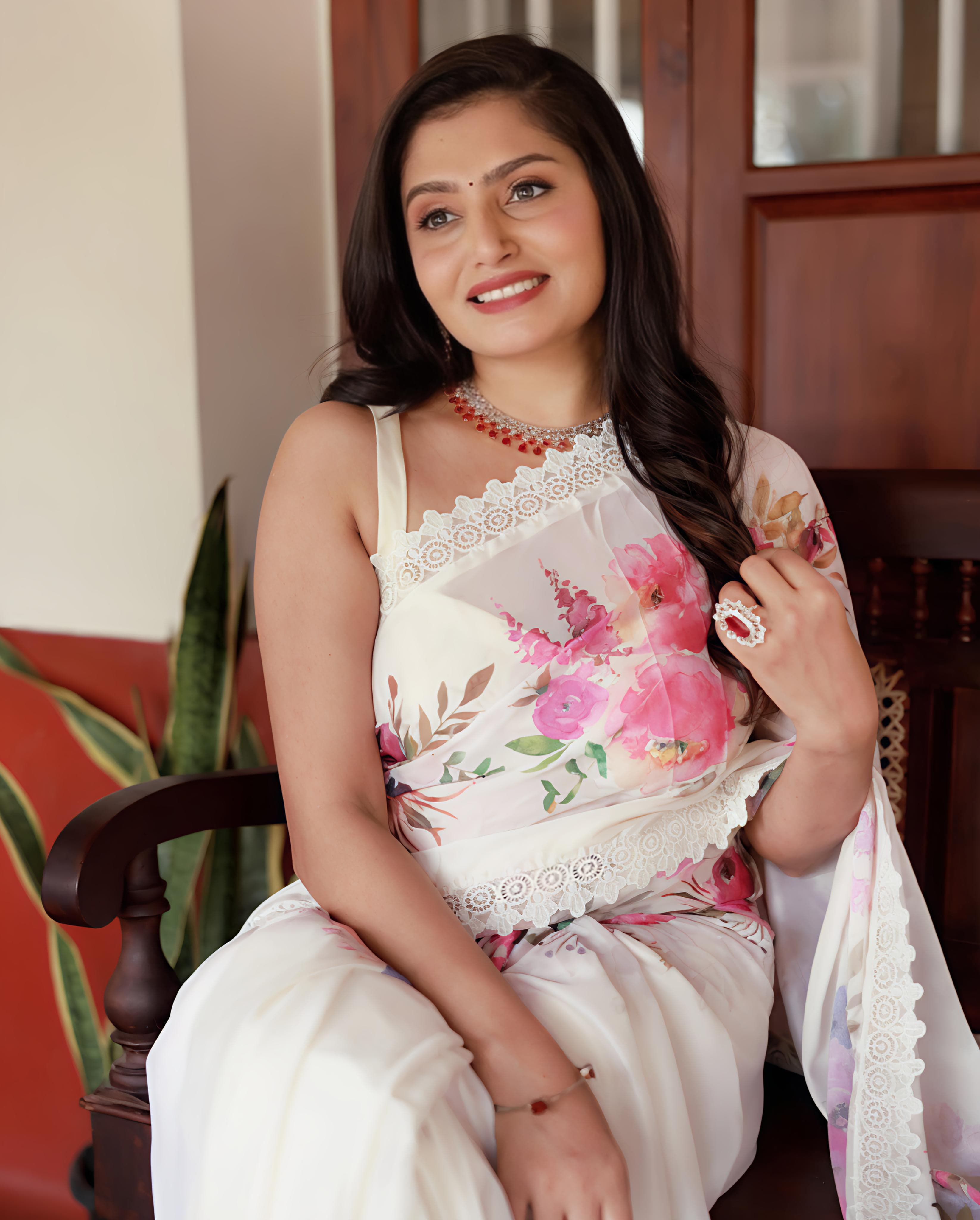 Sundari Floral Print Marshmallow Saree with Lace Border