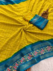 Yellow Bandhani Patola Print Saree with Zari Border Set - Yellow