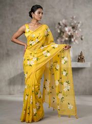 Designer Yellow Printed Saree with Blouse - Yellow