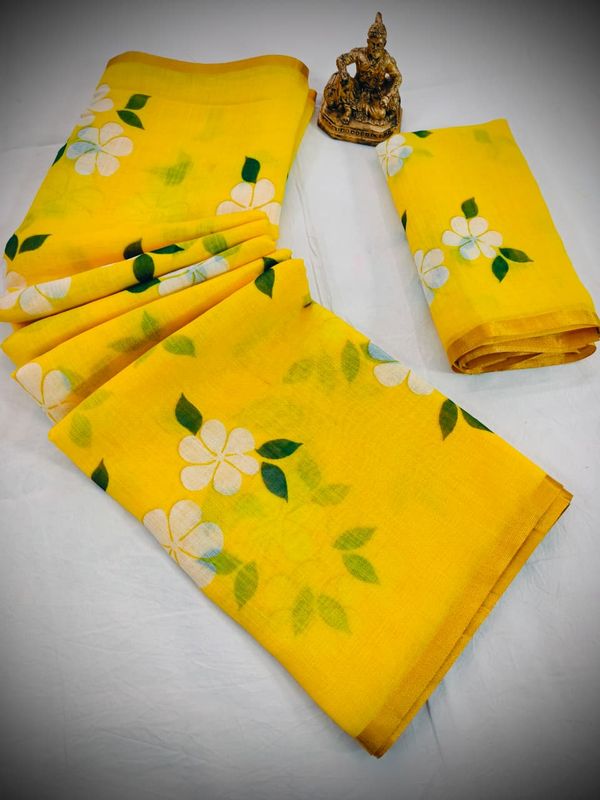 Designer Yellow Printed Saree with Blouse