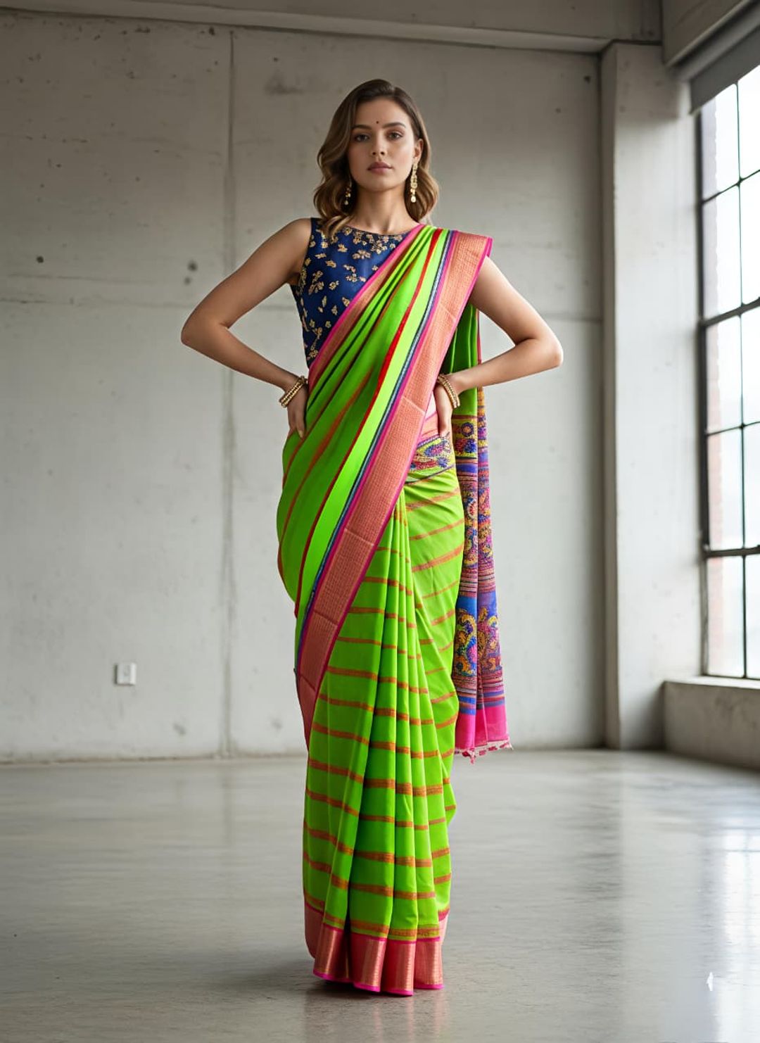 Green Kora Silk Saree with Pink Jacquard Border