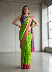 Green Kora Silk Saree with Pink Jacquard Border - Green