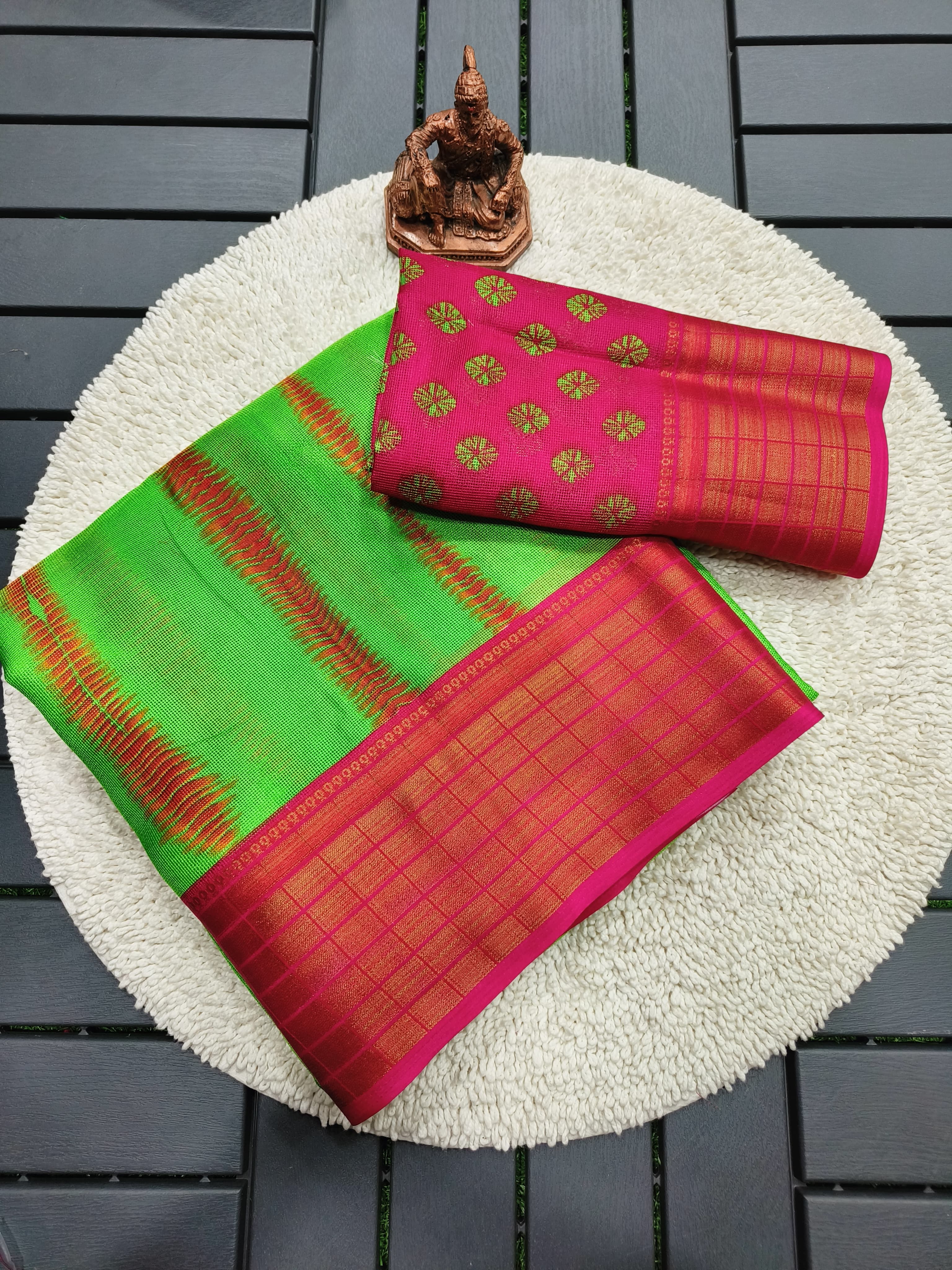 Green Kora Silk Saree with Pink Jacquard Border