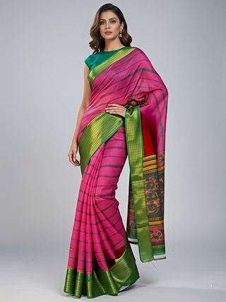 Stylish Pink Silk Saree with Rich Green Pallu Design