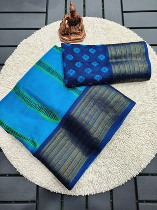 Blue Kora Silk Saree with Zari Border