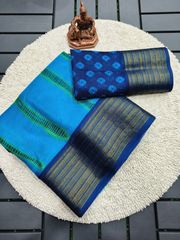 Blue Kora Silk Saree with Zari Border - Blue