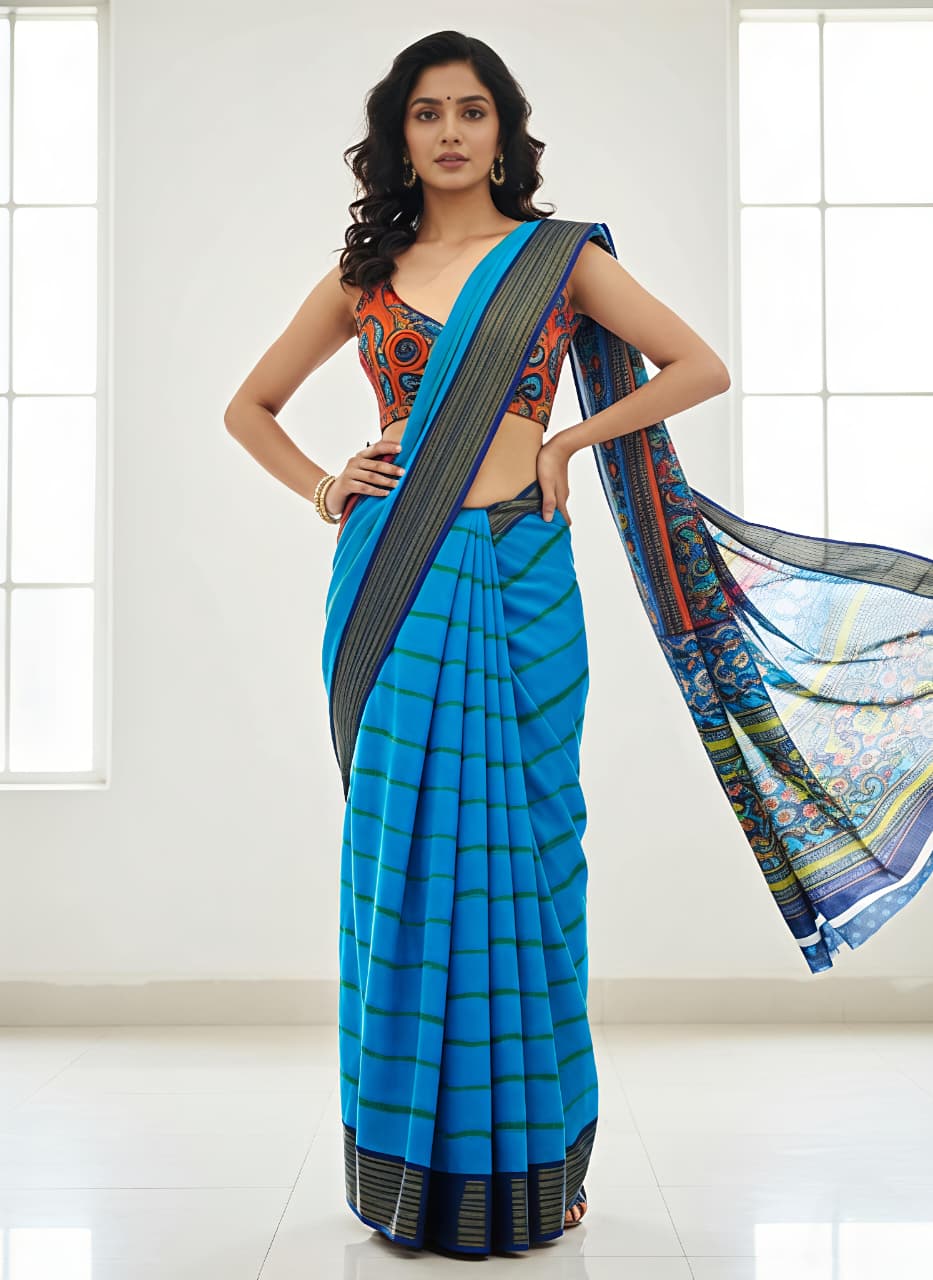 Blue Kora Silk Saree with Zari Border