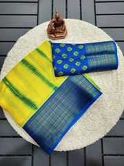 Traditional Yellow Saree with Blue Zari Border Design - Yellow