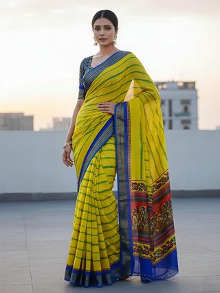 Traditional Yellow Saree with Blue Zari Border Design