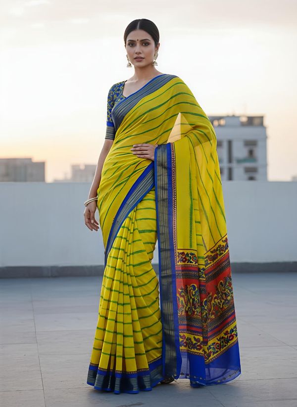 Traditional Yellow Saree with Blue Zari Border Design