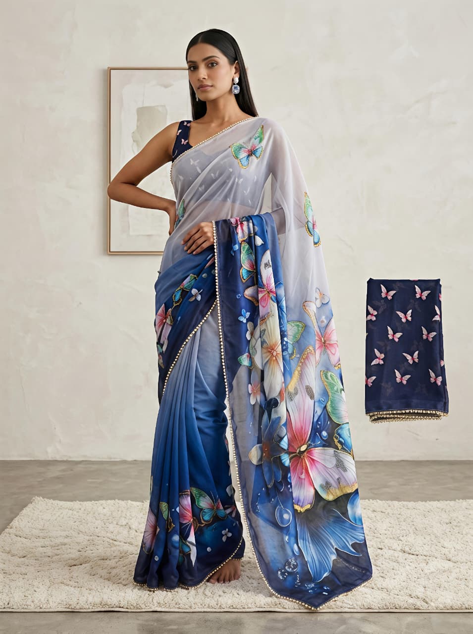 Stylish Neon Butterfly Printed Saree With Moti Border