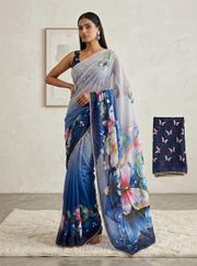 Stylish Neon Butterfly Printed Saree With Moti Border - Blue