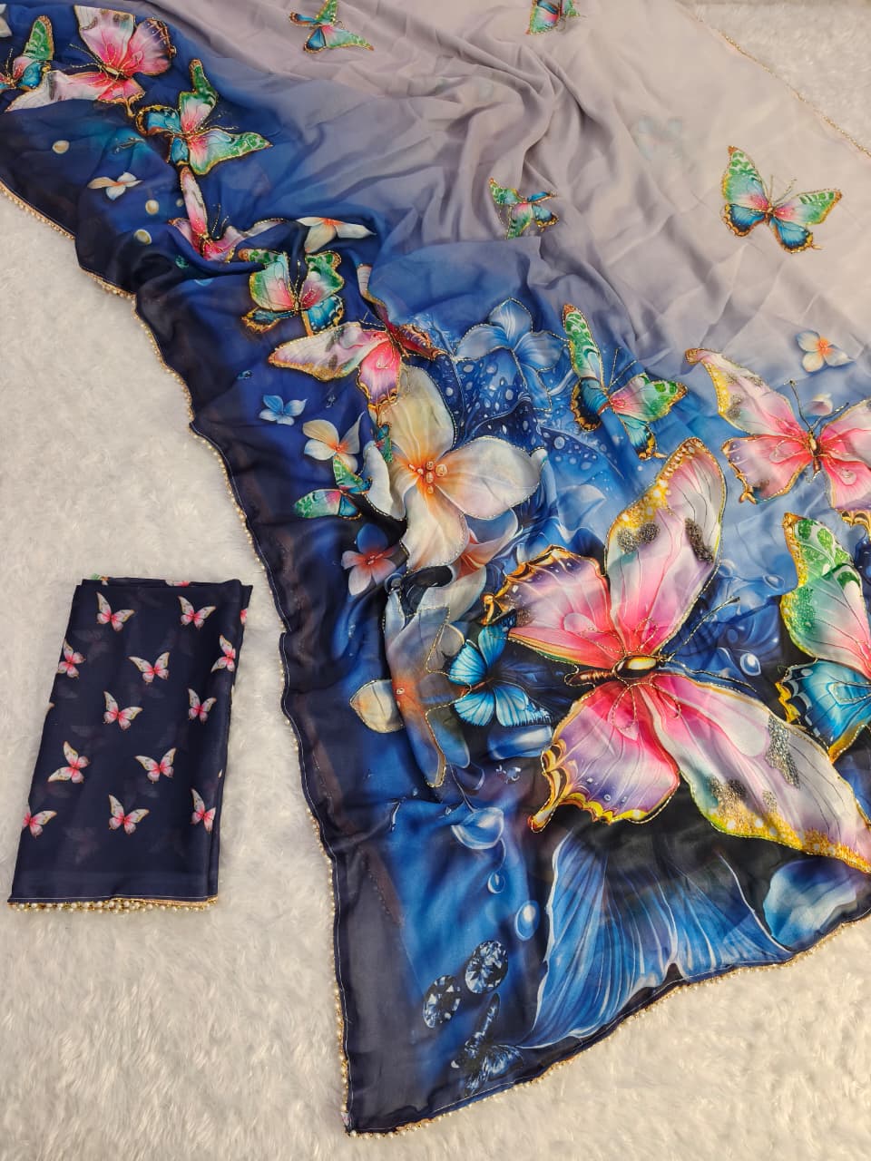 Stylish Neon Butterfly Printed Saree With Moti Border