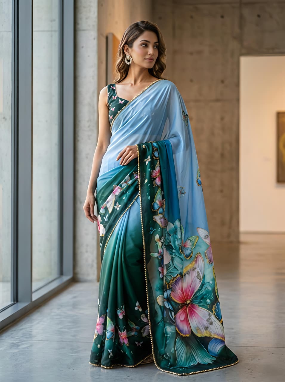 Designer Teal Butterfly Georgette Saree With Border