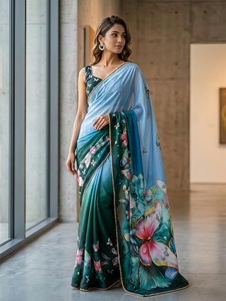 Designer Teal Butterfly Georgette Saree With Border