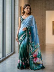 Designer Teal Butterfly Georgette Saree With Border - Teal