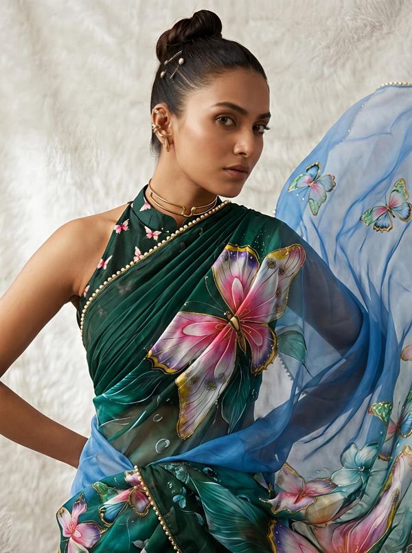 Designer Teal Butterfly Georgette Saree With Border