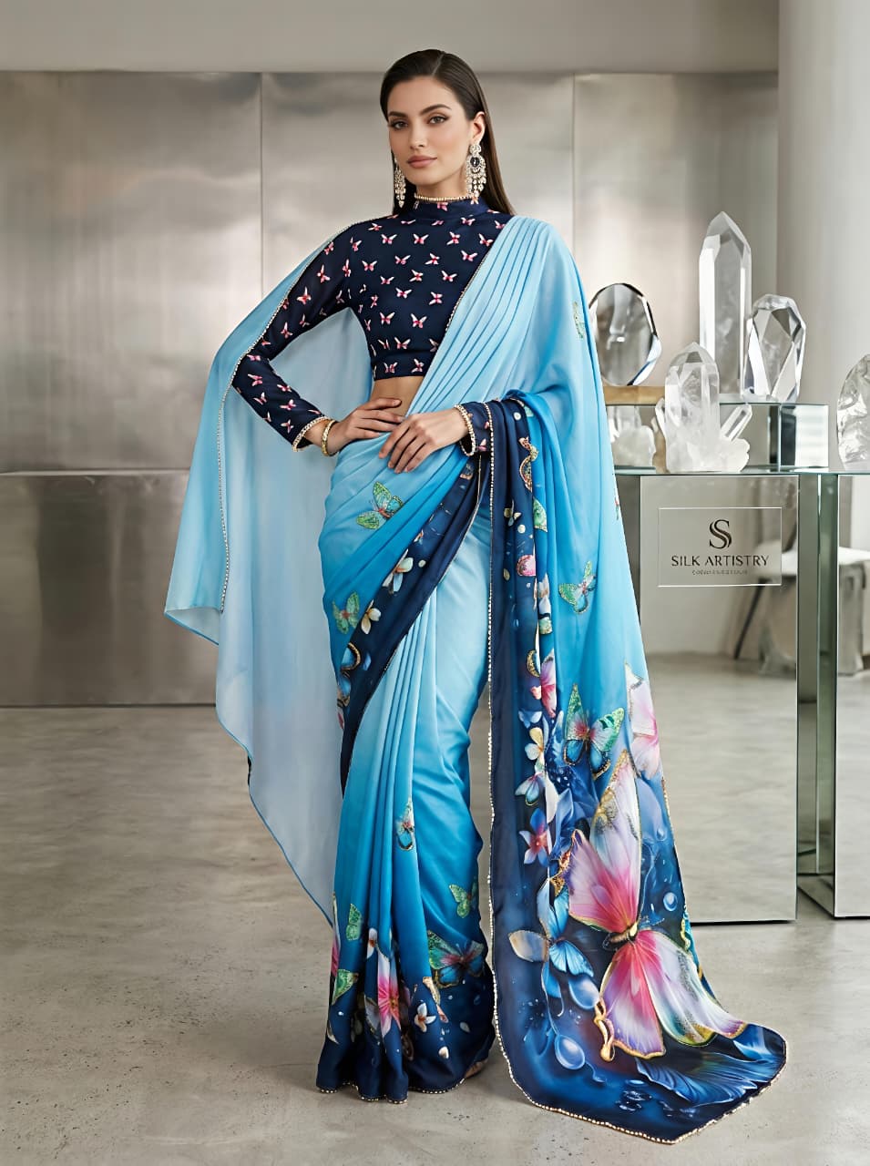 Trendy Sky Blue Butterfly Party Wear Saree