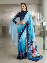 Trendy Sky Blue Butterfly Party Wear Saree - Sky Blue