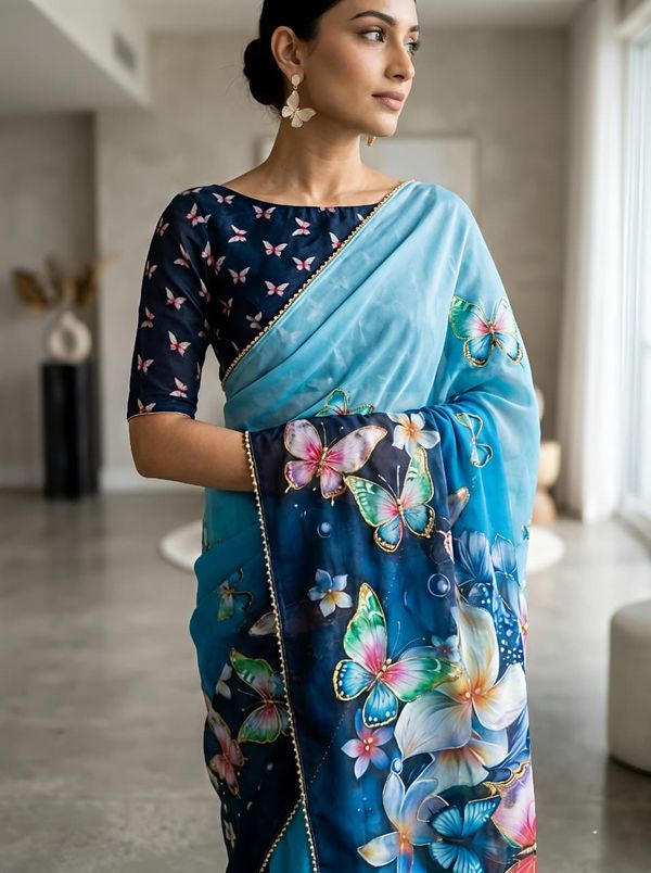 Trendy Sky Blue Butterfly Party Wear Saree
