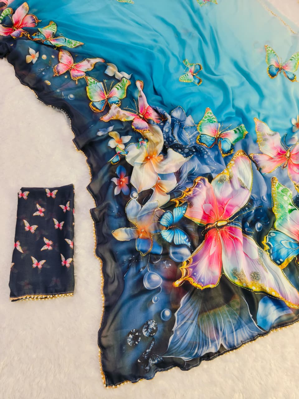 Trendy Sky Blue Butterfly Party Wear Saree