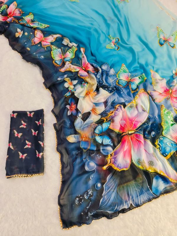 Trendy Sky Blue Butterfly Party Wear Saree