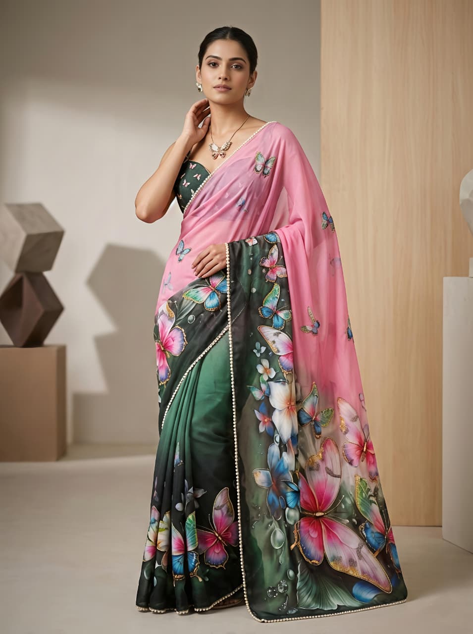 Pink Floral Butterfly Designer Saree With Work