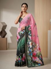 Pink Floral Butterfly Designer Saree With Work - Pink