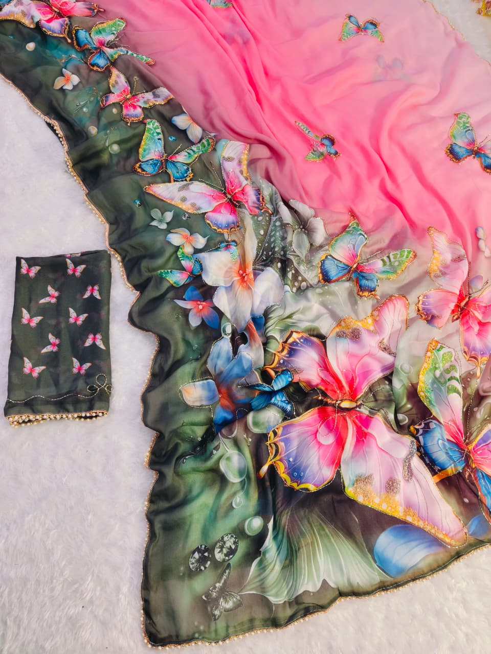 Pink Floral Butterfly Designer Saree With Work