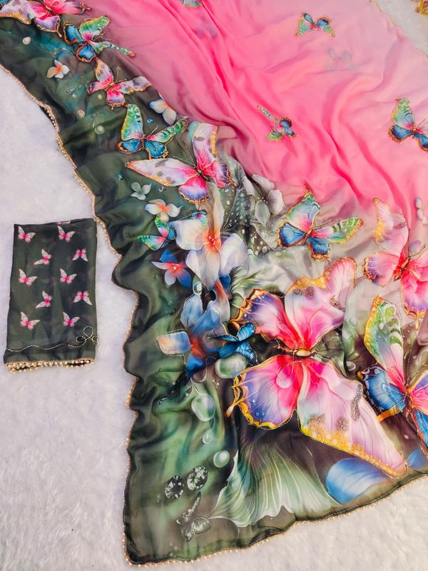 Pink Floral Butterfly Designer Saree With Work