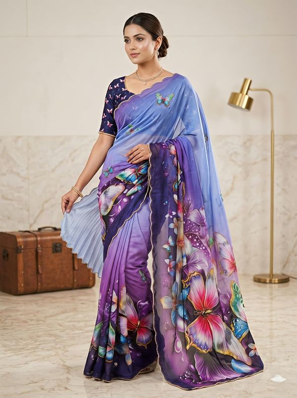 Lavender Floral Butterfly Designer Saree With Work