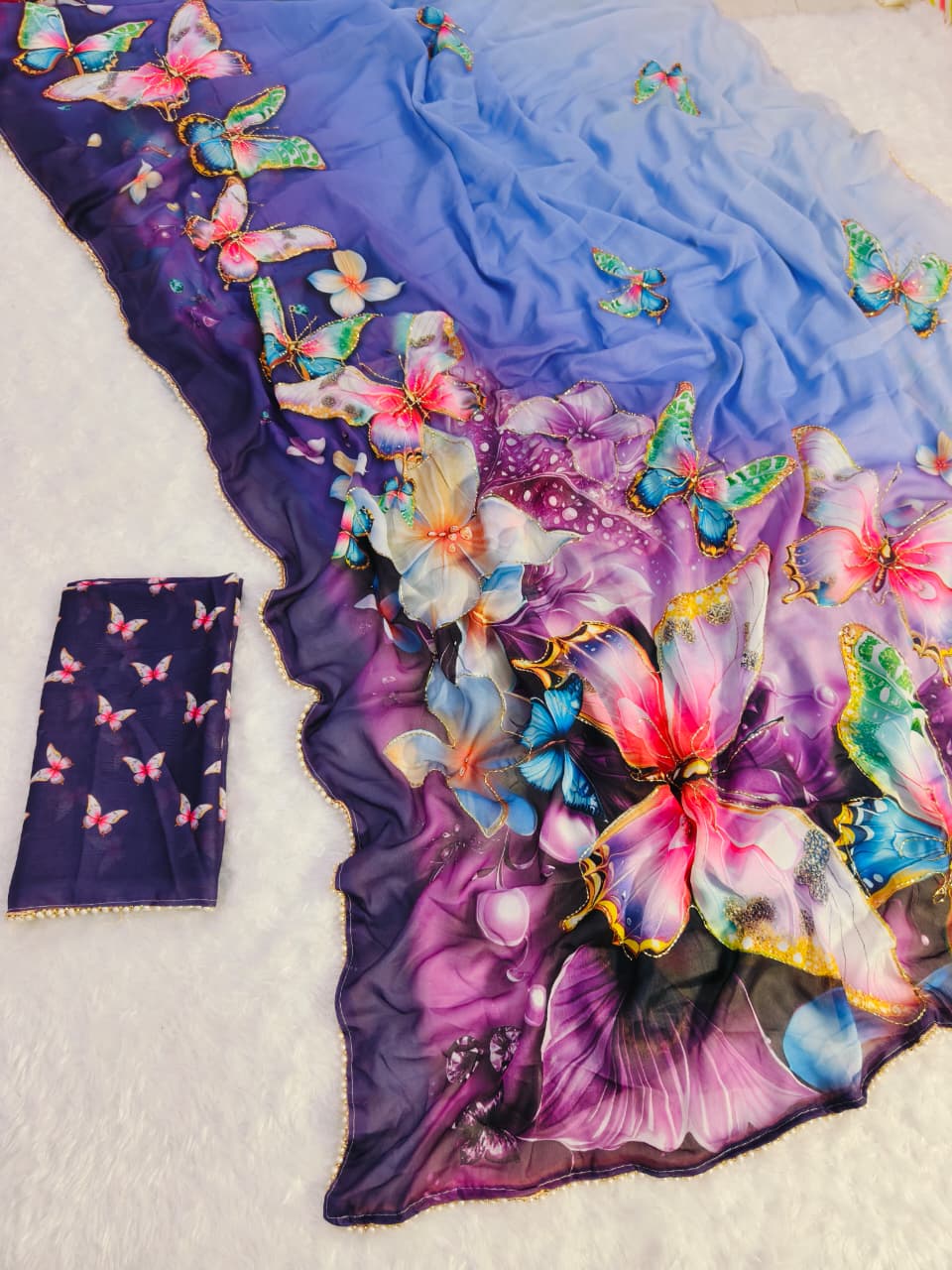 Lavender Floral Butterfly Designer Saree With Work