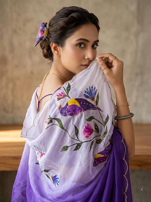 Purple Parrot Print Party Wear Silk Saree