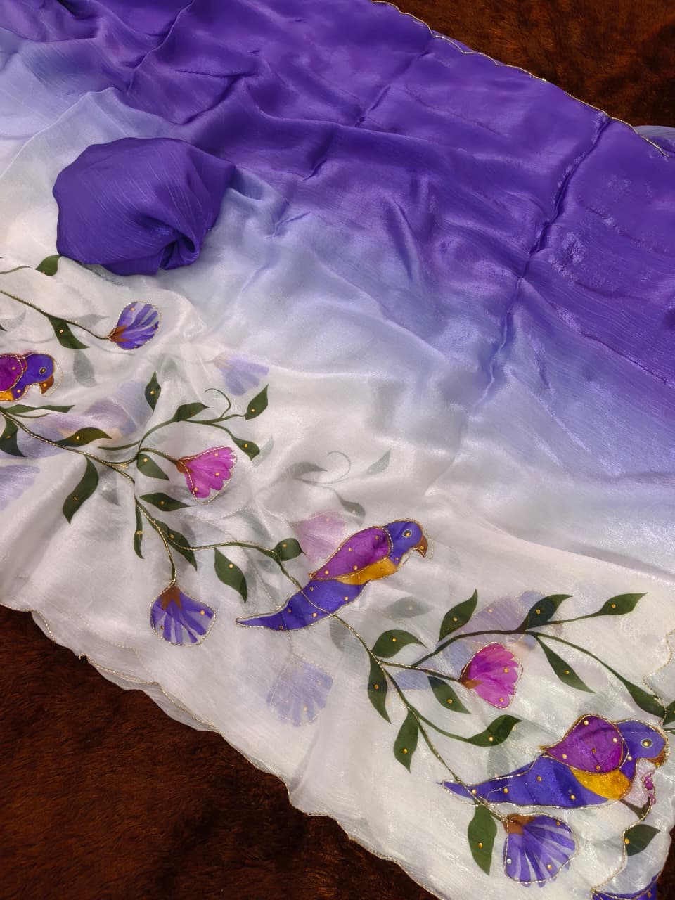 Purple Parrot Print Party Wear Silk Saree