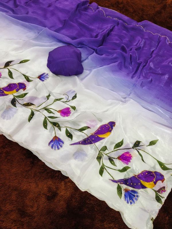 Purple Parrot Print Party Wear Silk Saree