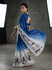 Designer Blue Parrot Kalamkari Fandy Silk Saree - Blue