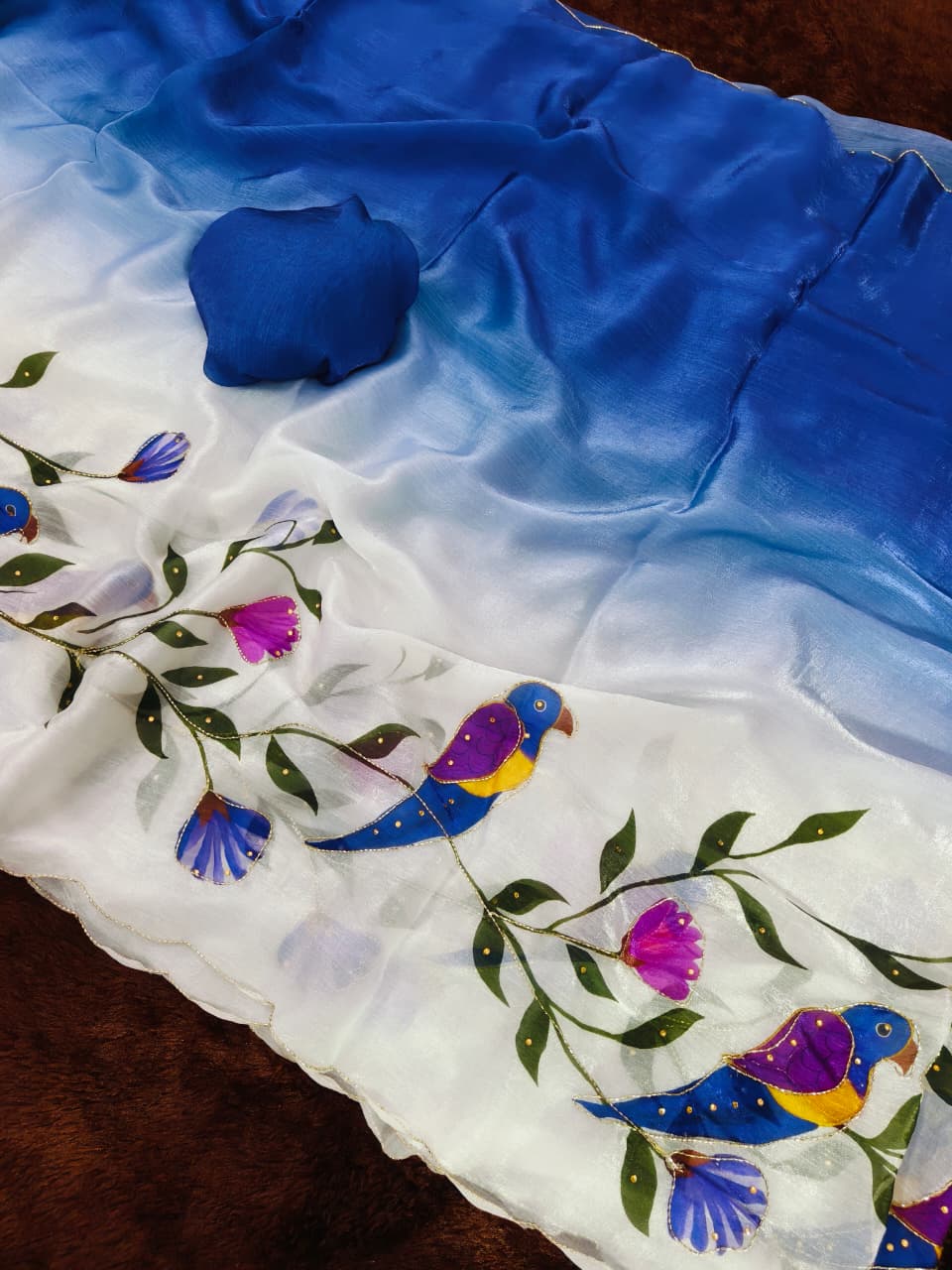 Designer Blue Parrot Kalamkari Fandy Silk Saree