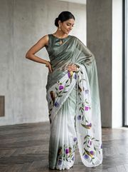 Parrot Kalamkari Fandy Silk Saree with Handwork - Forest Green