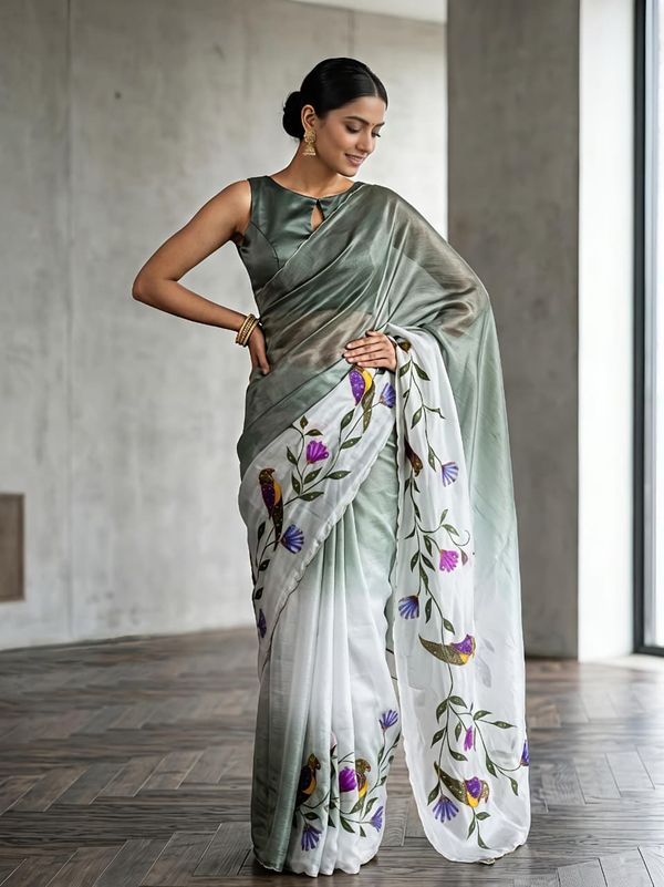 Parrot Kalamkari Fandy Silk Saree with Handwork