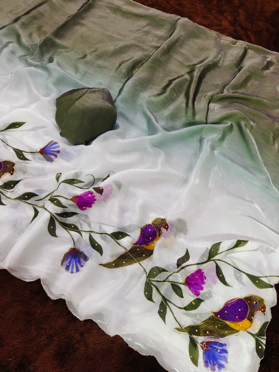 Parrot Kalamkari Fandy Silk Saree with Handwork