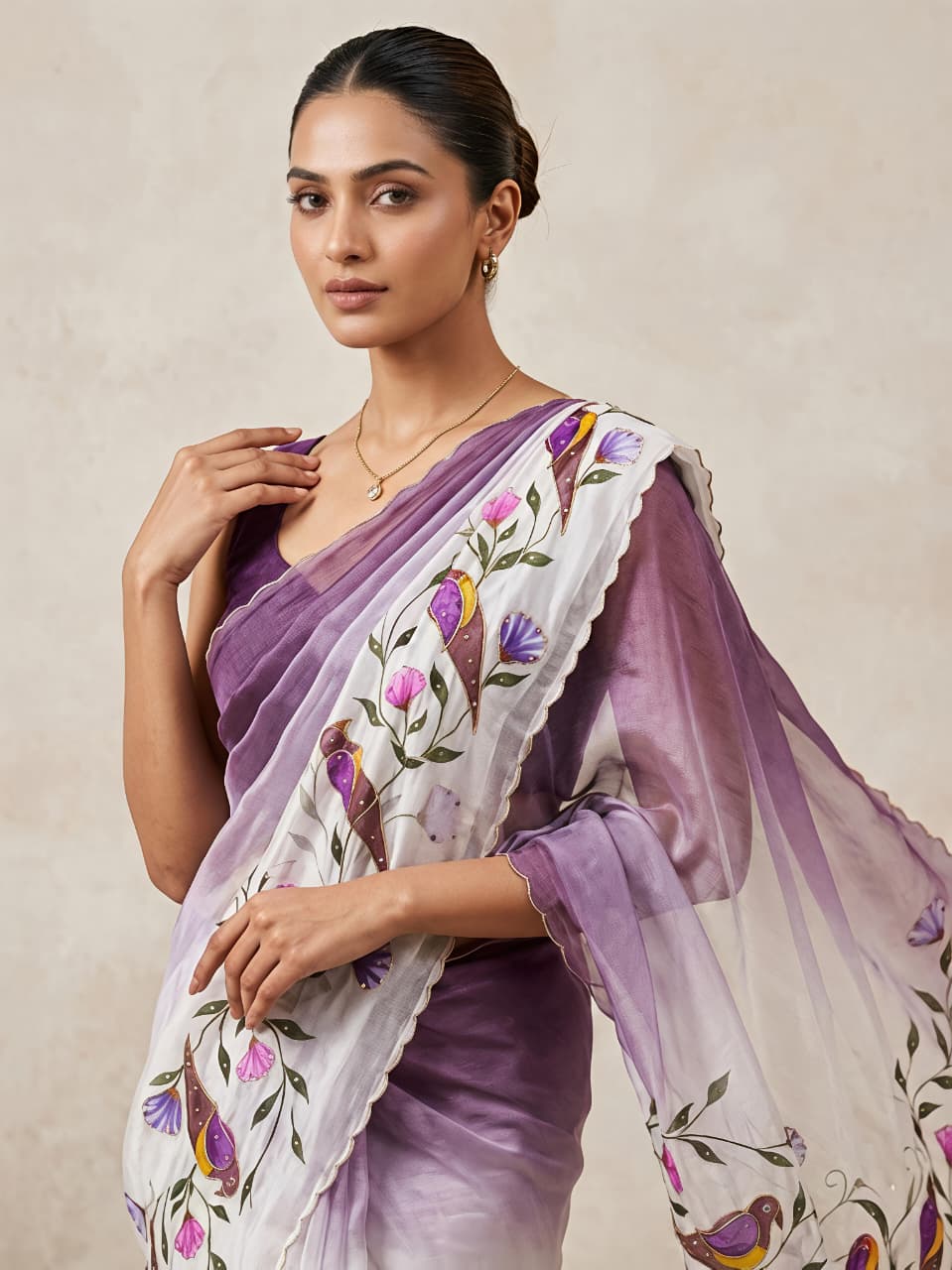 Purple Parrot Kalamkari Fandy Silk Saree with Handwork