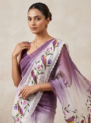 Purple Parrot Kalamkari Fandy Silk Saree with Handwork - Purple