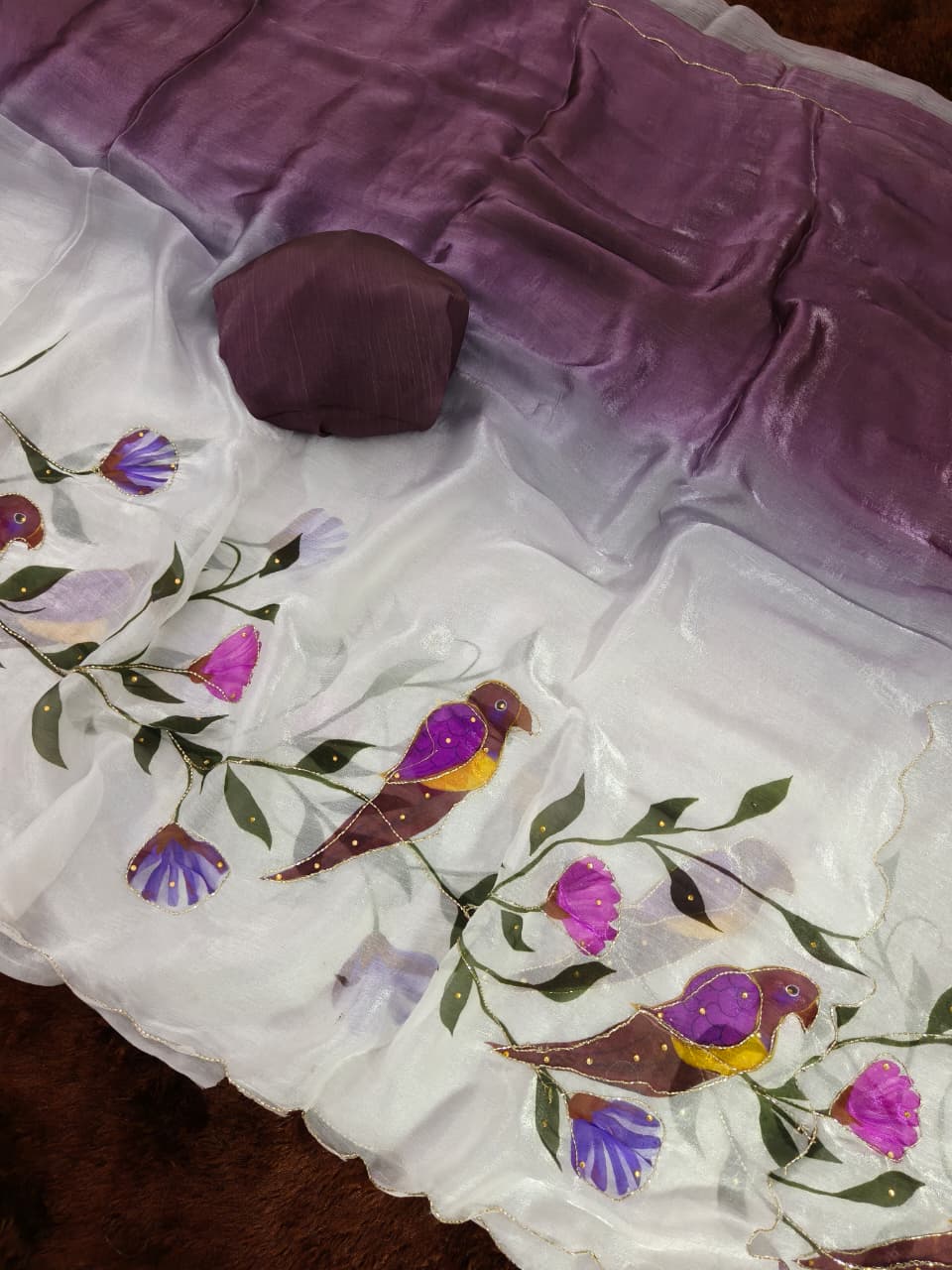 Purple Parrot Kalamkari Fandy Silk Saree with Handwork