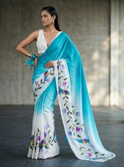 Premium Blue Fandy Silk Saree with Parrot Print, Cutdana Handwork and Stylish Cutwork Border - Sky Blue